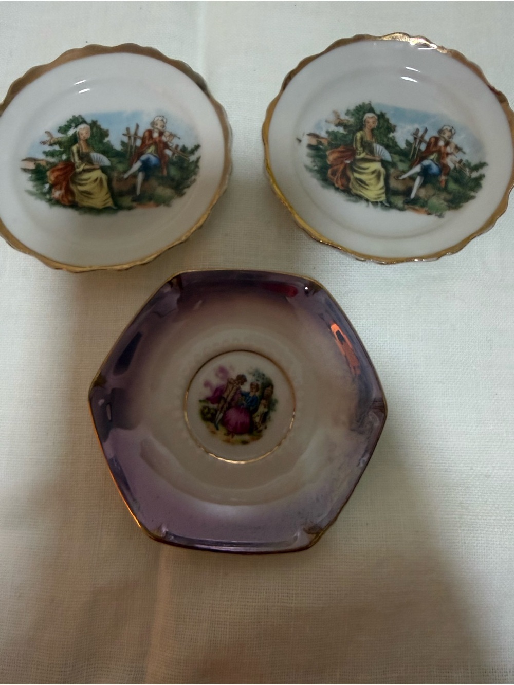 3 Charming Colonial Scene on Vintage Butter Pat Dishes Made In Occupied Japan